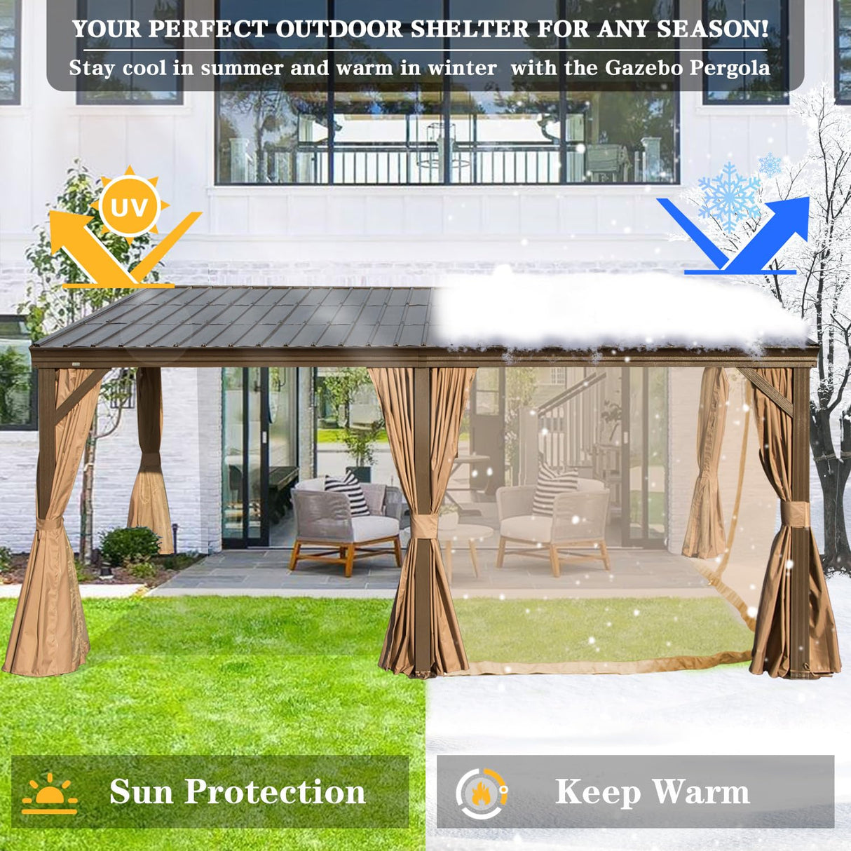 Domi 12x16FT Wall-Mounted Hardtop Gazebo, Aluminum Lean to Gazebo with Galvanized Steel Sloping Roof, Curtains & Netting for Outdoor Patio, Deck, Backyard, Garden Parties domi outdoor living