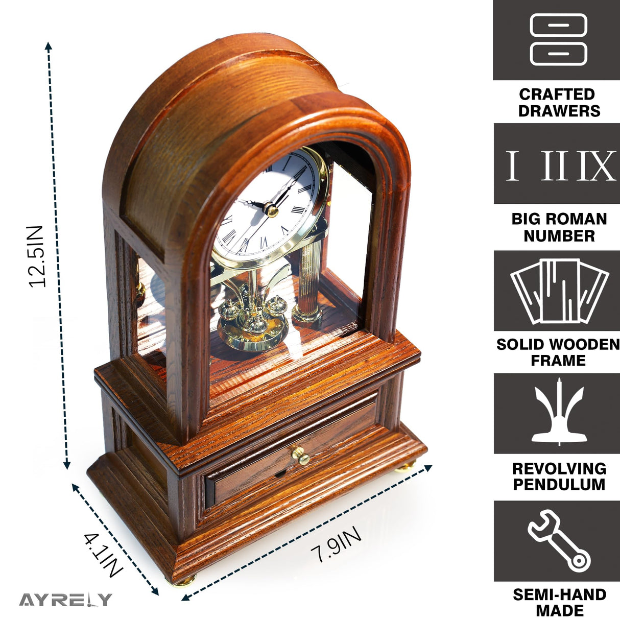 AYRELY® Wooden Table Anniversary Clock, Revolving Pendulum Mantel Clock, Antique Shelf Clock, Desk Grandfather Clock for Living Room, Home Decor Gift AYRELY