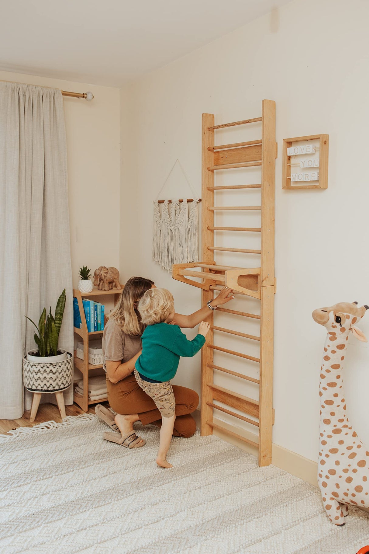WOOD&ROOM Indoor Montessori Swedish Stall Bars Climbing Wall for Toddlers with Climber Ramp Wooden Swedish Ladder Stall Bars Climber for Kids Gymnastic Wall (no Slide) WOOD&ROOM