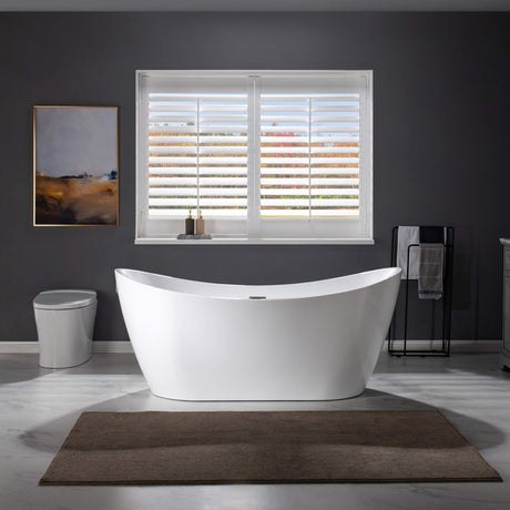 WOODBRIDGE 67" Acrylic Freestanding Bathtub Contemporary Soaking Tub with Brushed Nickel Overflow Overflow and Drain,White,B0010-BN WOODBRIDGE