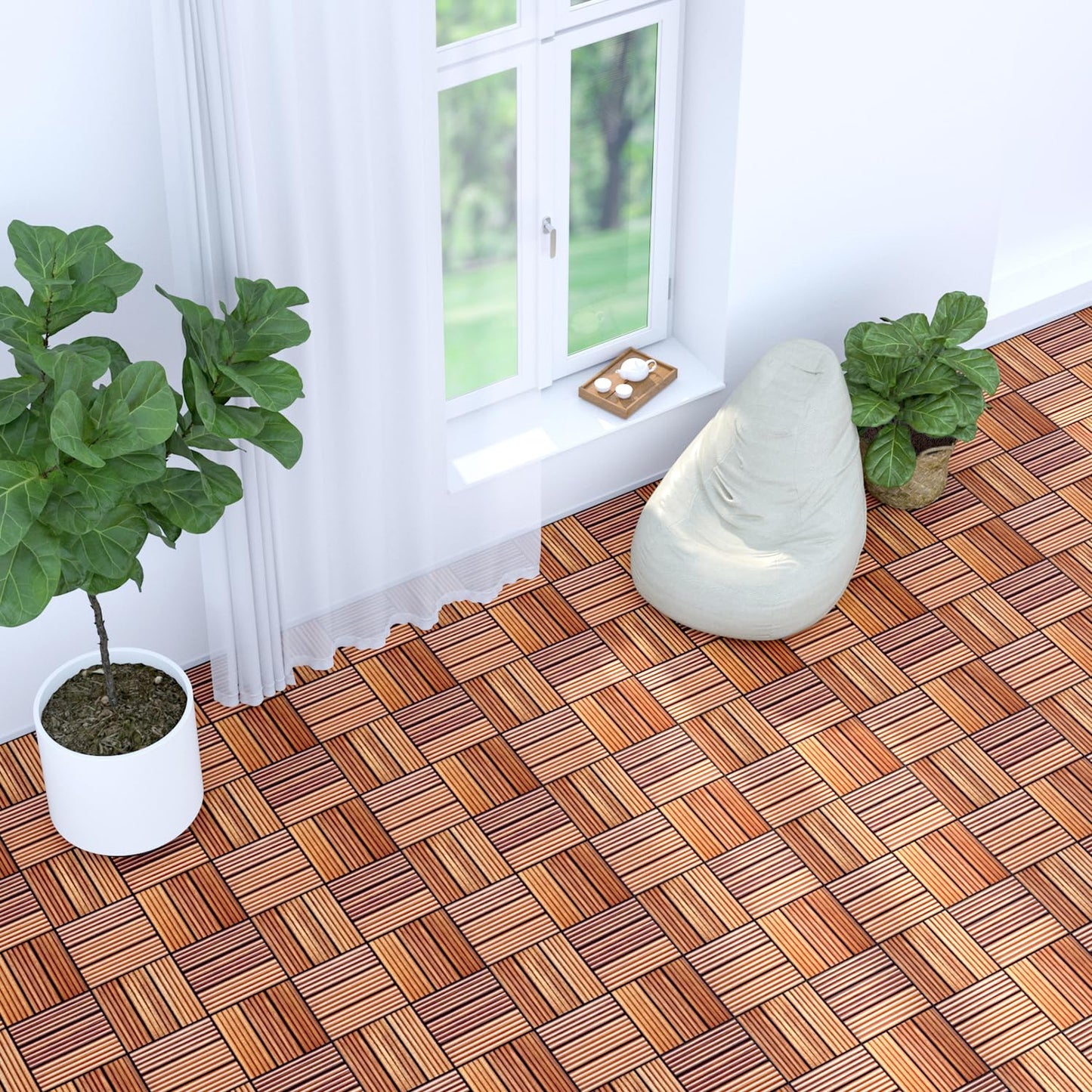 Straight Groove Deck Tiles (Pack of 10) Hardwood Interlocking Patio Deck Tiles, Acacia Wood Deck Tiles Interlocking Outdoor, Patio Tiles Outdoor Interlocking Waterproof All Weather