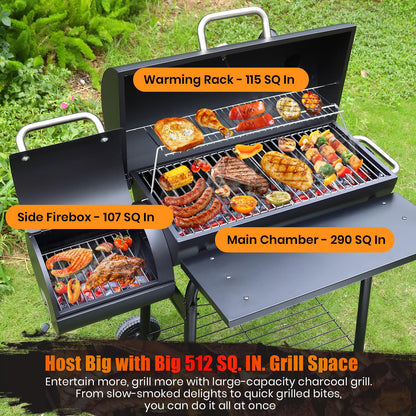 SUNLIFER Charcoal Grill Offset Smoker: Charcoal Barbecue Grills with Spacious Cooking Area | Barrel BBQ Grill and Smokers Combo for Outdoor Patio Backyard Camping and Parties