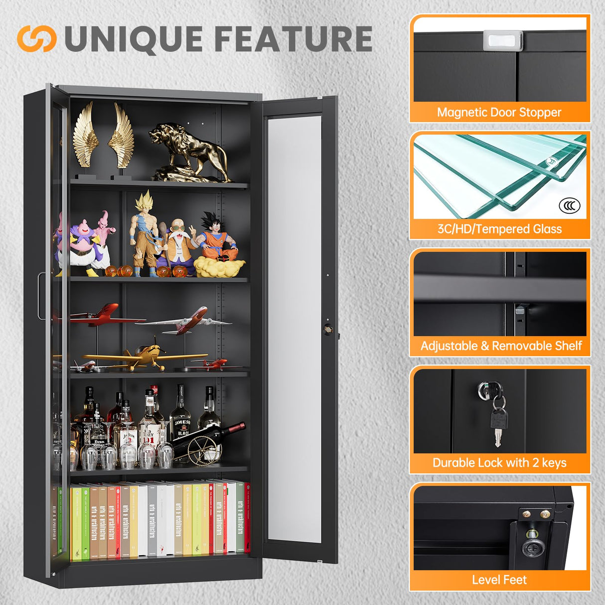 AFAIF Locking Display Cabinet with Glass Door, 71”H Metal Curio Cabinets with Adjustable Shelves, Black Liquor Caninet Display Case for Living Room, Collectibles, Clinic, Home - Assembly Required AFAIF