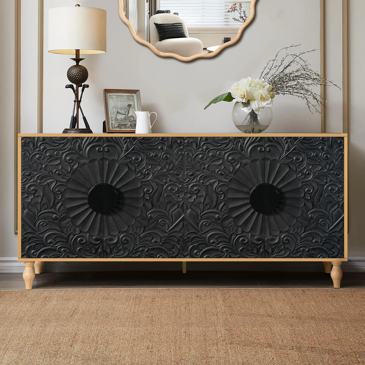 WILSHINE Sideboard Buffet Credenzas for Living Room, 63" Black Entryway Table with Storage Accent Cabinet, Carved Flowers Doors & Wire Holes WILSHINE