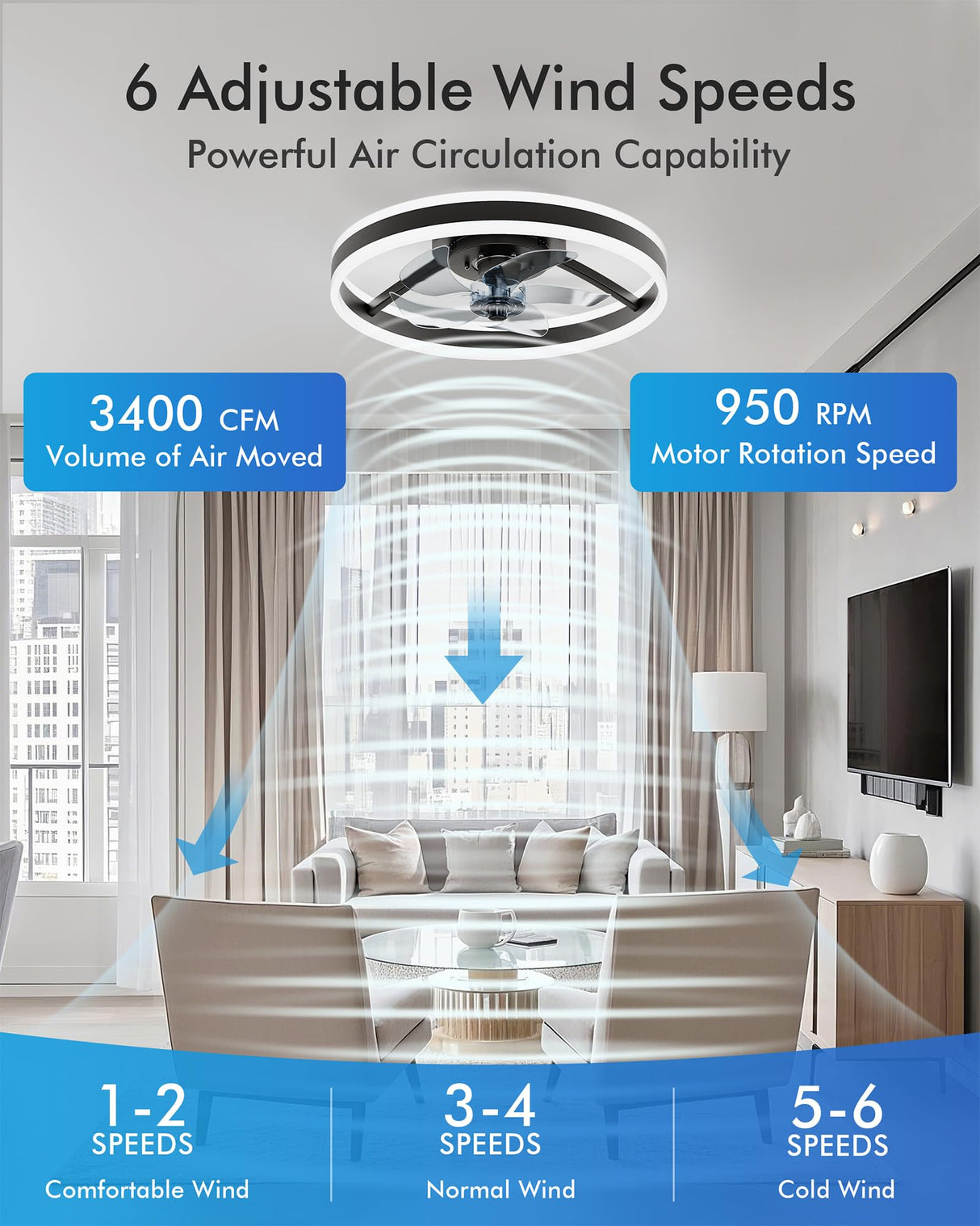 CubiCubi Modern Ceiling Fans with Lights, 20 Inch Black Fandelier with Remote Control and APP, Quiet LED Fan Light with 3CCT and 6 Wind Speeds, Low Profile Flush Mount Fan for Bedroom, Dining Room CubiCubi