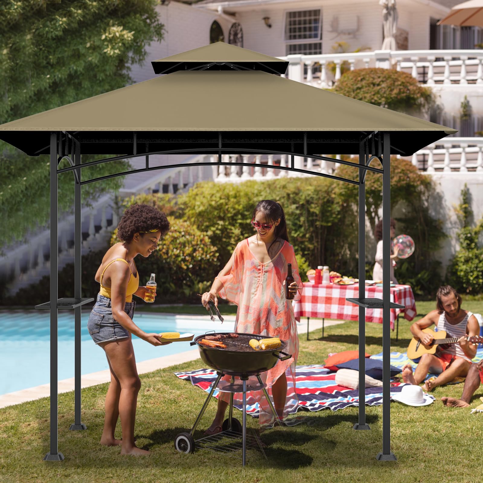 COVBOARD Grill Gazebo Replacement Top, 5 * 8 Outdoor BBQ Gazebo Top Cover, Double Layer BBQ Gazebo Top Canopy for Model #L-GG001PST-F(Khaki) - WoodArtSupply