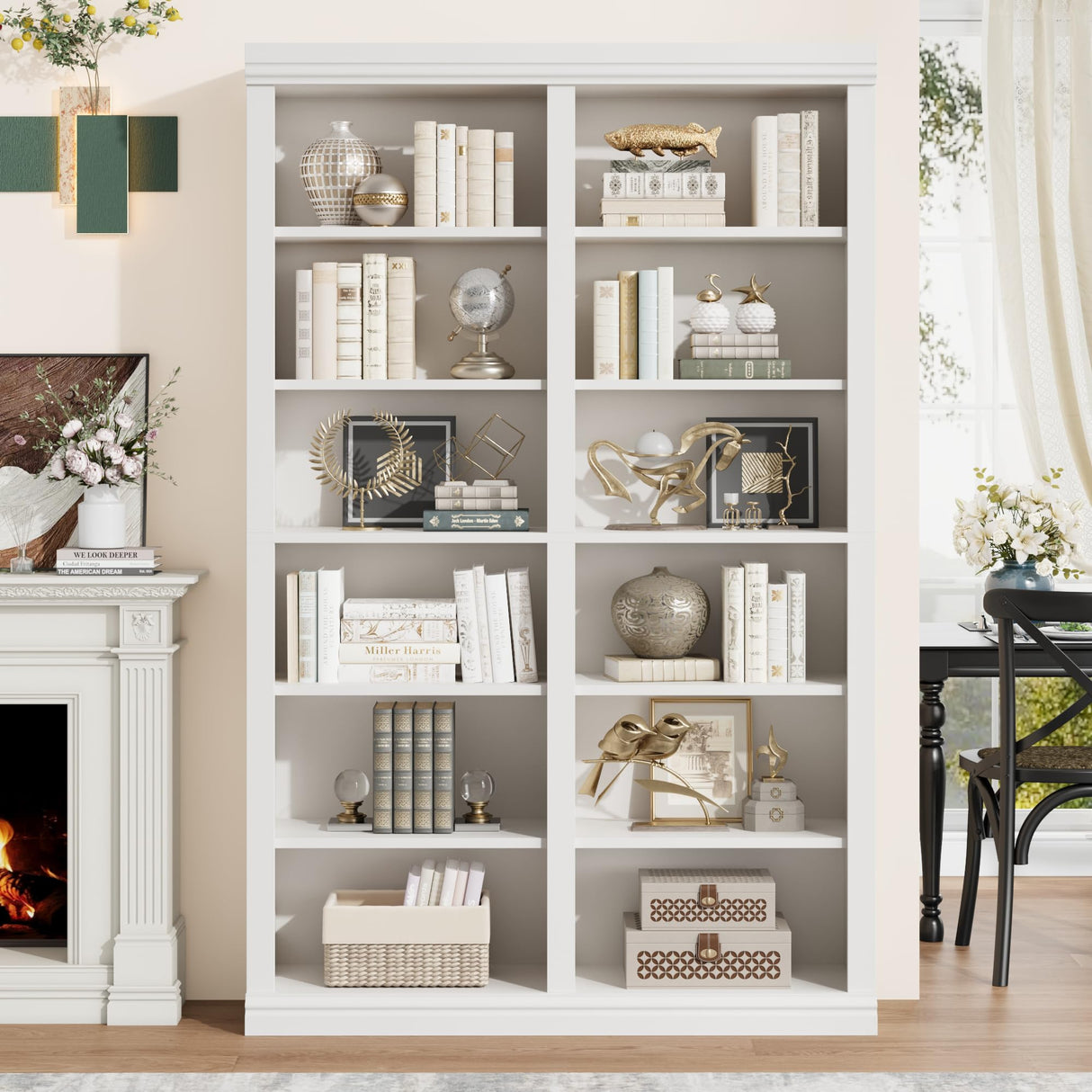 Garvee 74.5" Tall Bookshelf with Double Storage, 6-Tier Large Bookshelf, Double Wide Bookshelves w/ 12 Cubbies, Wide Freestanding Bookcases for Livingroom Office Library (White, 74.5"H*46.1"W*12.4"D) Garvee