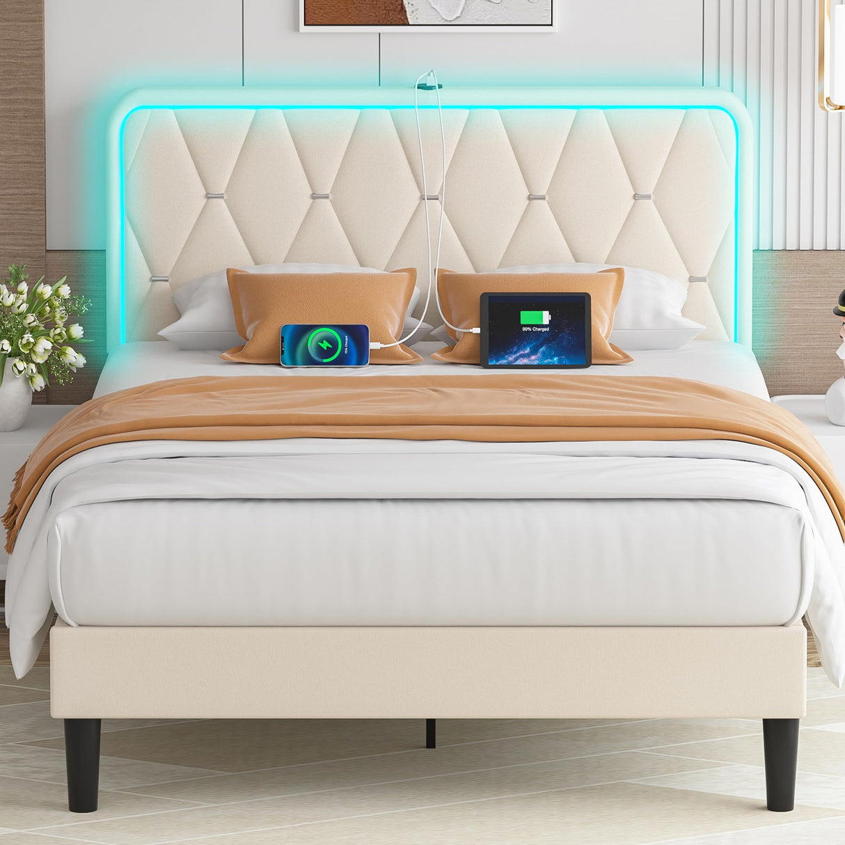 VECELO Upholstered Full Bed Frame with Headboard Adjustable, Velvet Platform Beds with LED Lights, Charging Station, Mattress Foundation with Wooden Slats, Noise Free, No Box Spring Needed, Beige VECELO