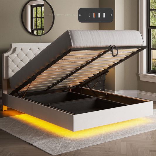 Elegant White Floating Full Size Bed Frame with Adjustable Headboard and Fast Charging Station - WoodArtSupply