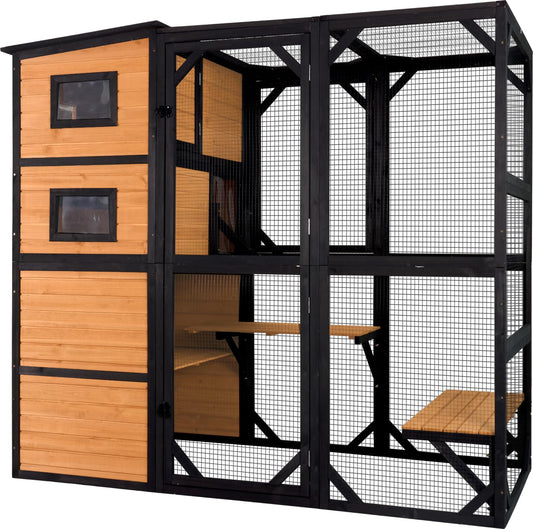 Aivituvin Large Cat Catio 4 Tiers Cat Enclosures House for Outdoor Indoor Cats with Weatherproof Roof, 3 Resting Rooms, 3 Platforms, 5 Windows 70" H 77" L