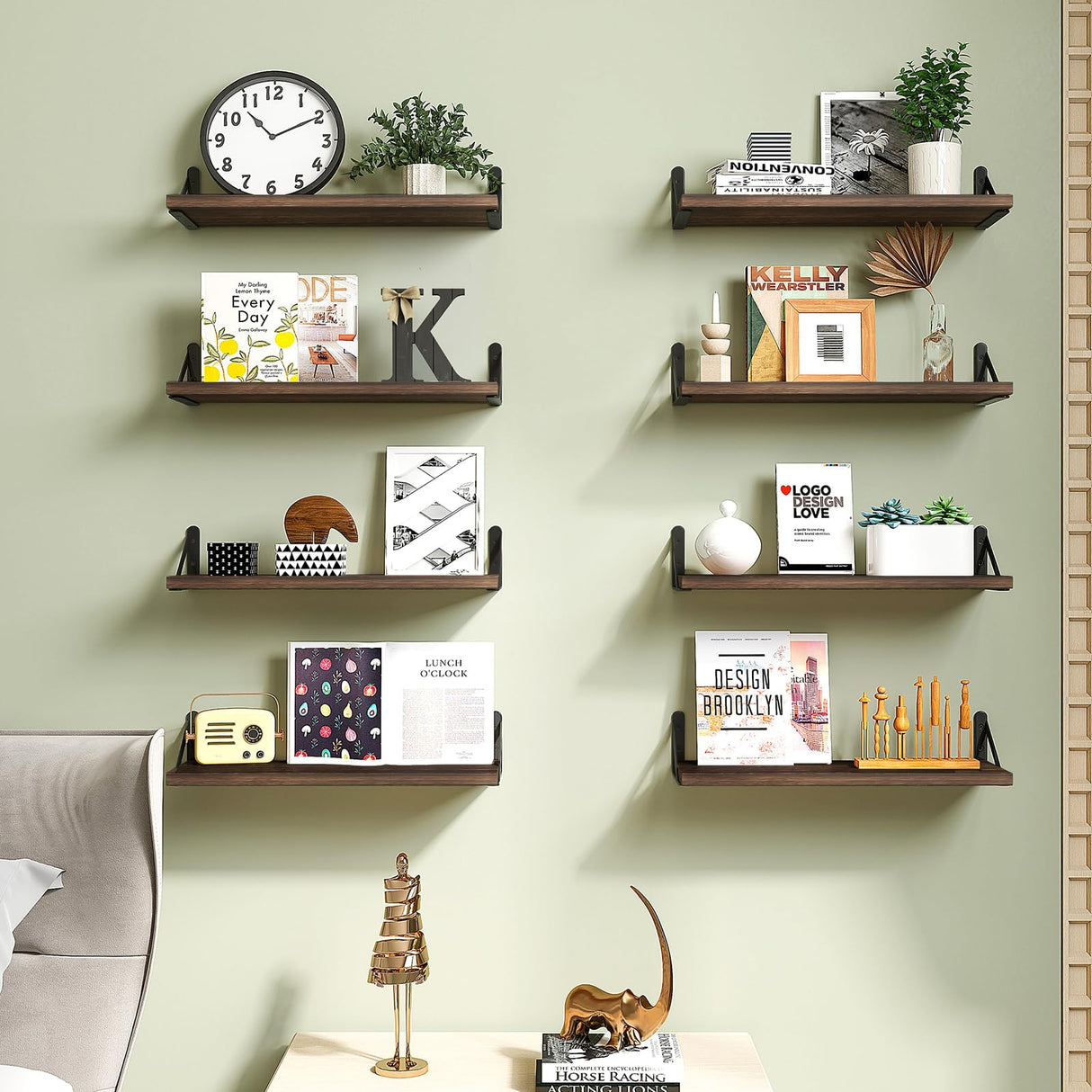 Fixwal Floating Shelves, Width 4.7in Rustic Wood Wall Shelves Set of 8, Wall Storage Shelves for Bedroom, Living Room, Kitchen, Bathroom, Office and Plants (Dark Carbonized Black) Fixwal