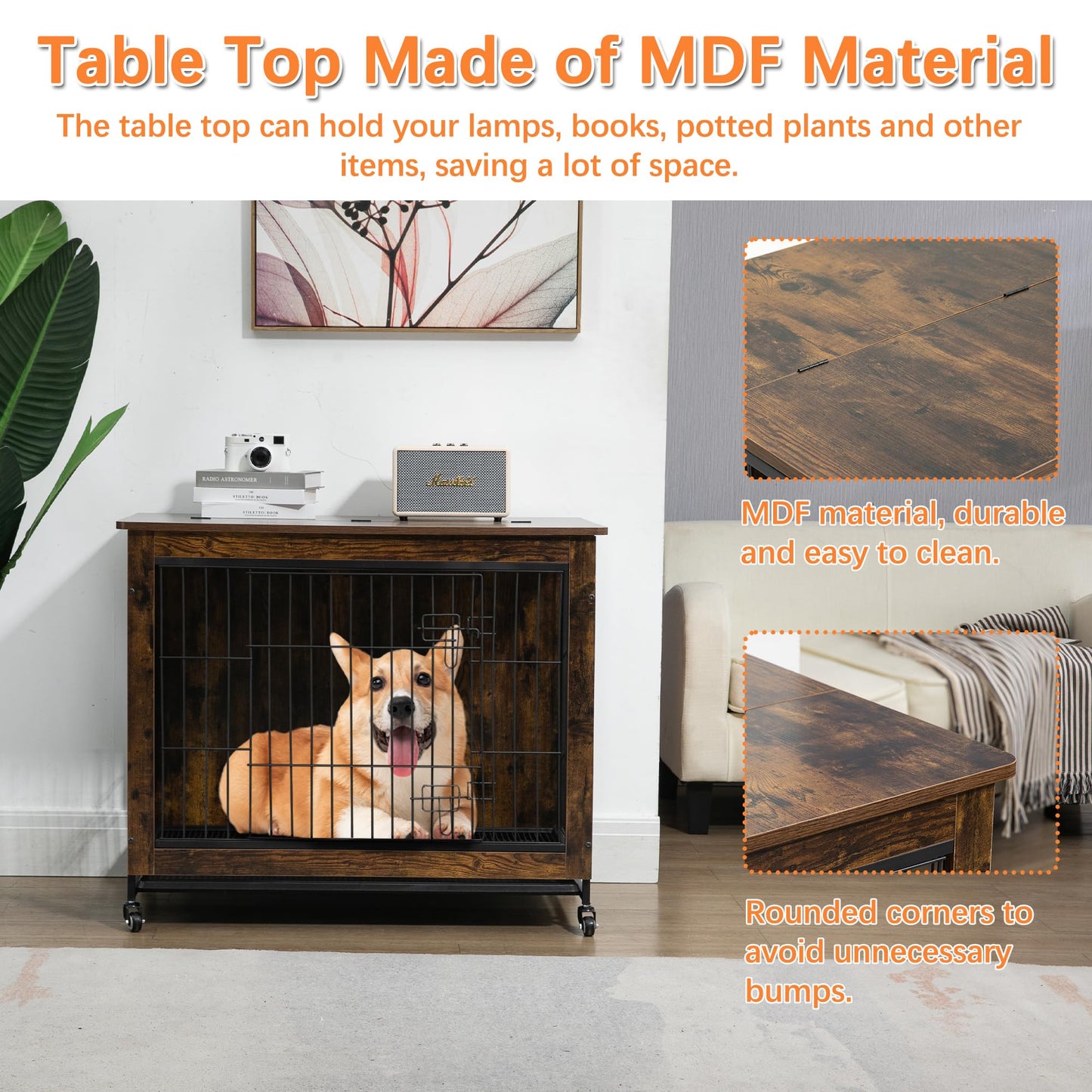 Dog Crate Furniture with Pull-Out Removable Tray, 23.6” Double-Door Dog Crate for Small to Large Dogs, Wooden Dog Kennel Table with Lockable Wheels, End Table Dog House, Dog Cage Indoor, Brown