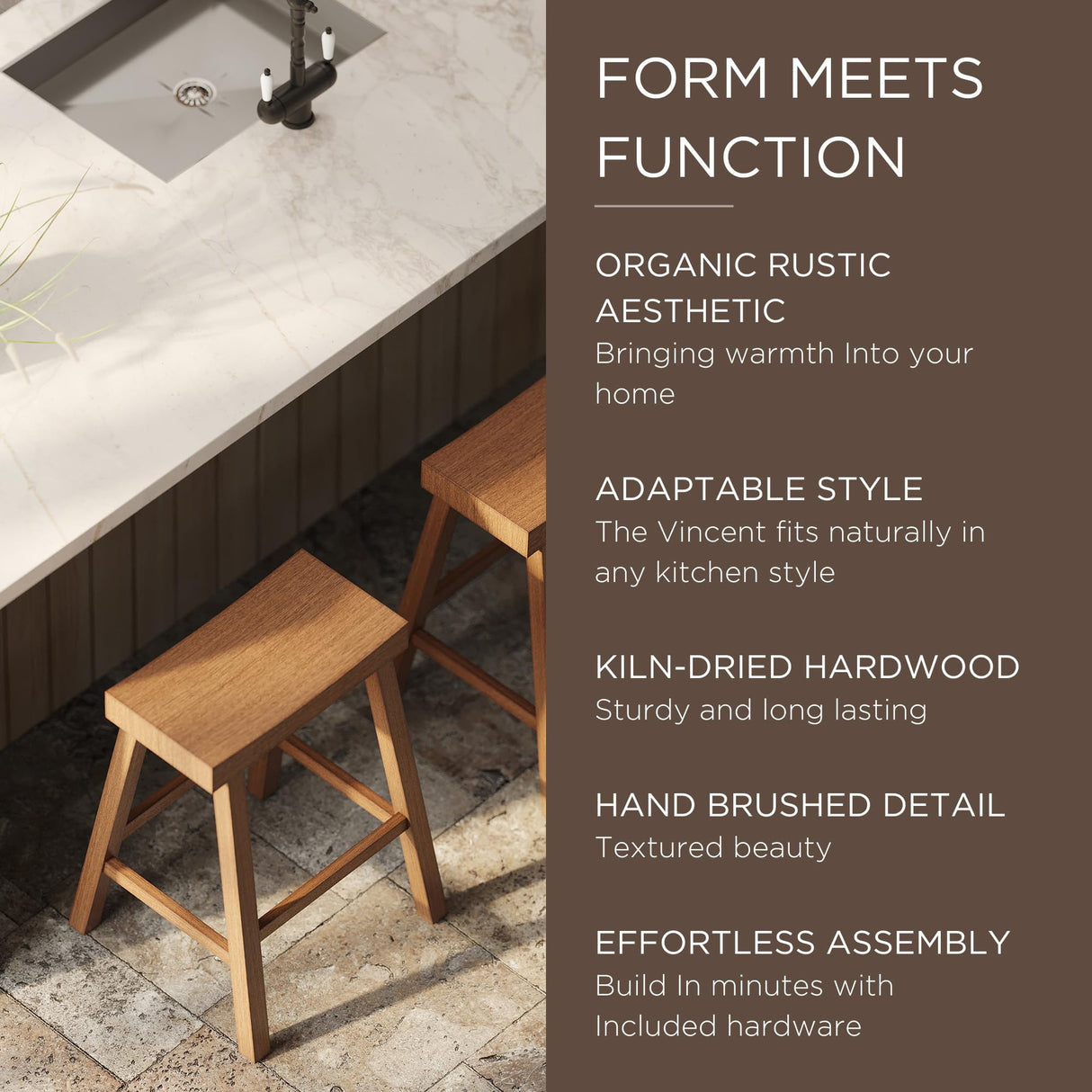 Maven Lane Vincent 26 Inch Tall Counter Height Backless Rectangular Saddle Barstool in Antiqued Natural Finish with Rustic Wood Top Seat Maven Lane