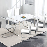 Dining Table Set for 6，White Rectangular MDF Kitchen Table and Leather Dining Chairs Set of 6, 7 Piece Dining Table Set，Modern Metal Frame Dining Room Table Set 6 with Metal Frame For Kitchen Ebullient