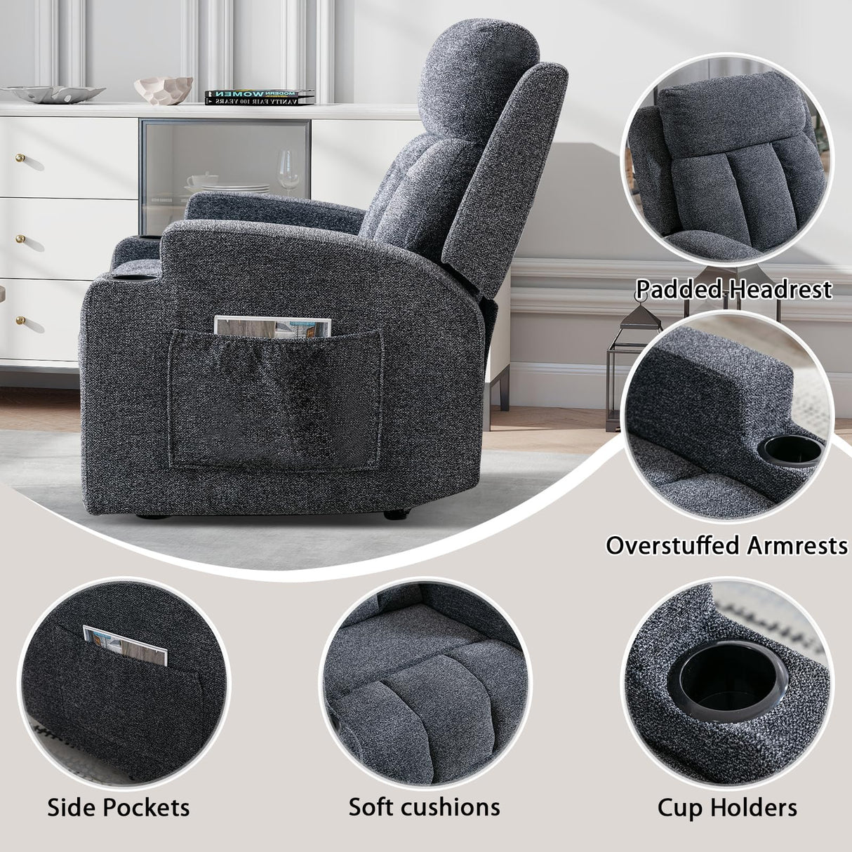CANMOV Manual Recliner Chair with Massage and Heat,Soft Fabric Recliner Chair with Overstuffed Arm and Back, Manual Reclining Single Sofa with 2 Cup Holders, Side Pocket for Living Room,Dark Grey CANMOV