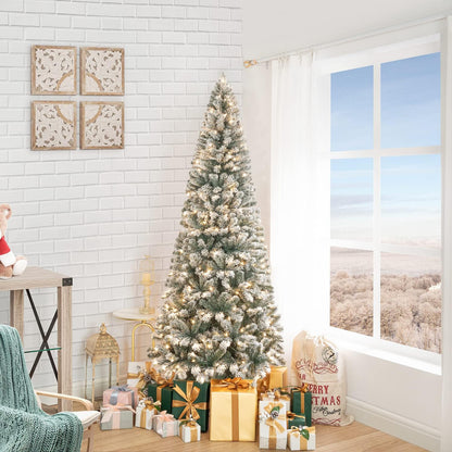 Salzburg 9ft Frosted Prelit Slim Artificial Christmas Tree with 1455 Branch Tips, 500 Warm Lights and Metal Stand, 37" Wide Realistic Snow Flocked Skinny Pencil Christmas Tree by Naomi Home