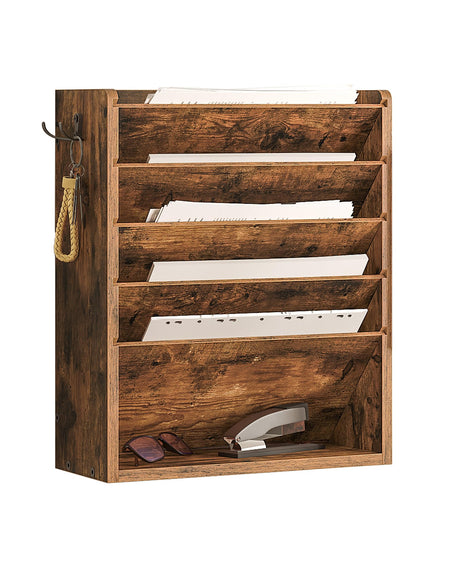 CHOEZON Wall File Organizer, 6-Tier Vertical Mount Hanging Holder with 2 Side Hooks, Vintage Wooden Magazine Storage Crate with Bottom Flat Tray, Desk Organizer, for Office, Home, Rustic Brown MWJ01FG CHOEZON