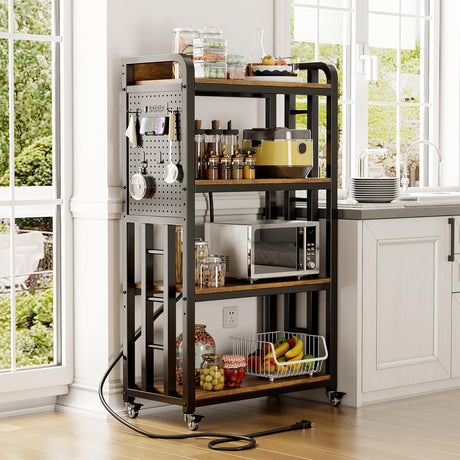 Kitchen Bakers Rack with Power Outlet,With pegboard Bakers Racks,Microwave Oven Stand with Storage 4 Tiers,bakers rack with storage,microwave cart,for Kitchen,Coffee Bar(Vintage Brown,15.75x25.2x55) SIREDEEP
