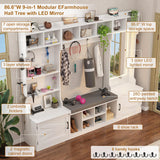 chartustriable 86.6" Wide Extra Large Farmhouse Hall Tree with 3-Color LED Mirror, Entryway Bench with Bench and Shoe Storage, Shoe Shelves,Umbrella Holder, Mudroom Hallway Storage Cabinet chartustriable