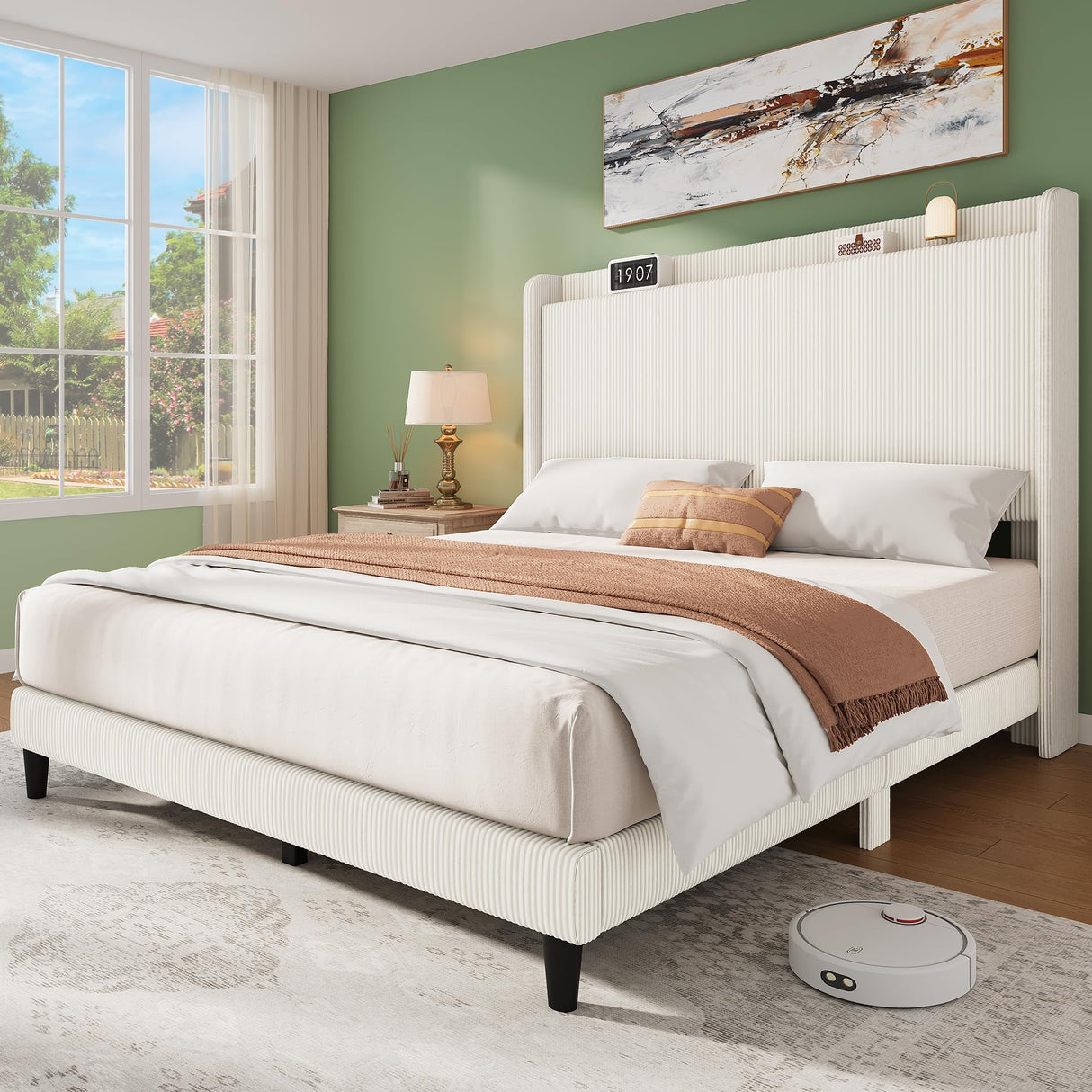 YITAHOME Corduroy Queen Size Bed Frame, Upholstered Platform Bed with Adjustable Headboard & Sturdy Wood Slat, Box Spring Not Needed, Beige Cream YITAHOME