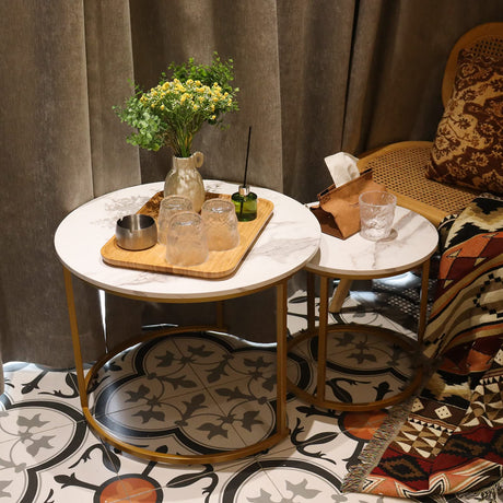 aboxoo Coffee Table Nesting White Set of 2 Side Set Golden Frame Circular Round and Marble Pattern Wooden Tables, Living Room Bedroom Apartment Modern Industrial Simple Nightstand aboxoo