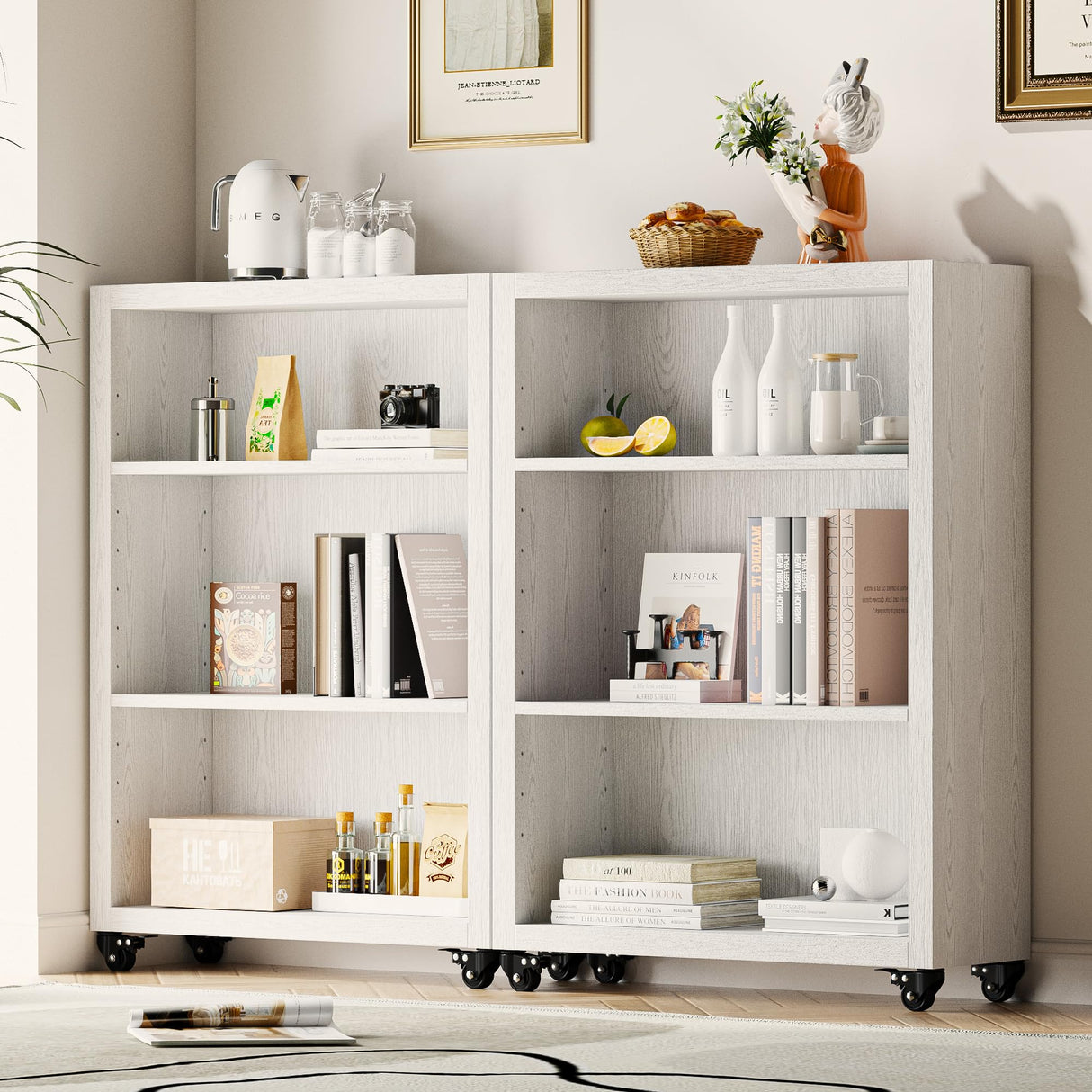 FUSUNBAO 3-Tier Bookshelf with Wheels Book Storage Organizer Bookcase Floor Standing Fixed Shelves Adjustable Shelf Display Shelves Cabinet for Living Room/Bedroom/Office (White) FUSUNBAO