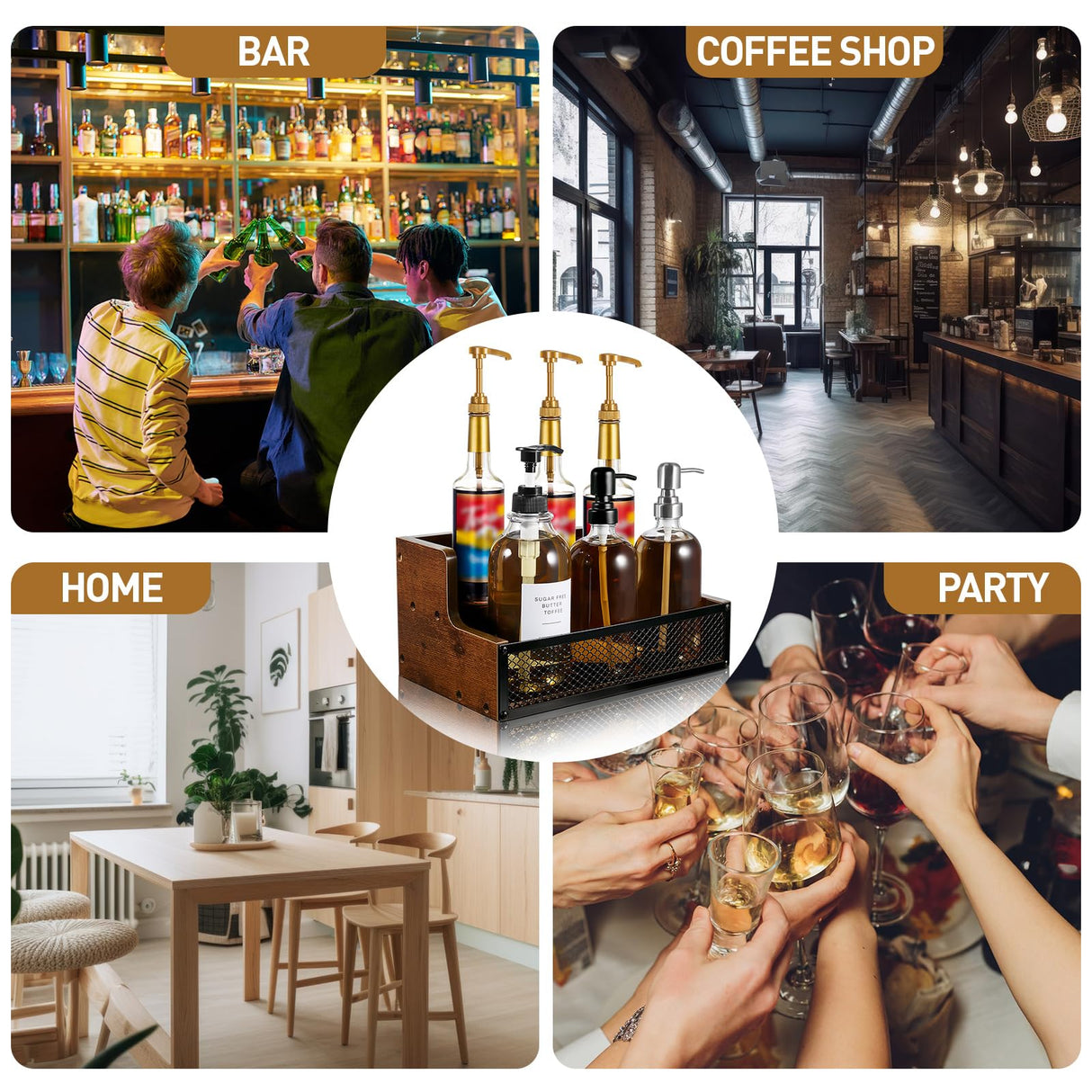 Menkxi Coffee Syrup Rack Liquor Bottle Display Shelf 6/12 Bottles Wood Liquor Shelf with Fences Liquor Cabinet for Liquor Whiskey Wine Coffee Syrup Display(2 Tier) Menkxi