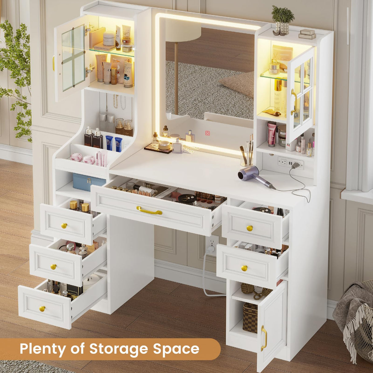 BTHFST White Vanity Desk with Touch Screen Mirror and Lights, Large Makeup Vanity with RGB Light Cabinets & Charging Station, 6 Drawers, 5 Jewelry Hooks, Vanity Table with Lighted Mirror BTHFST