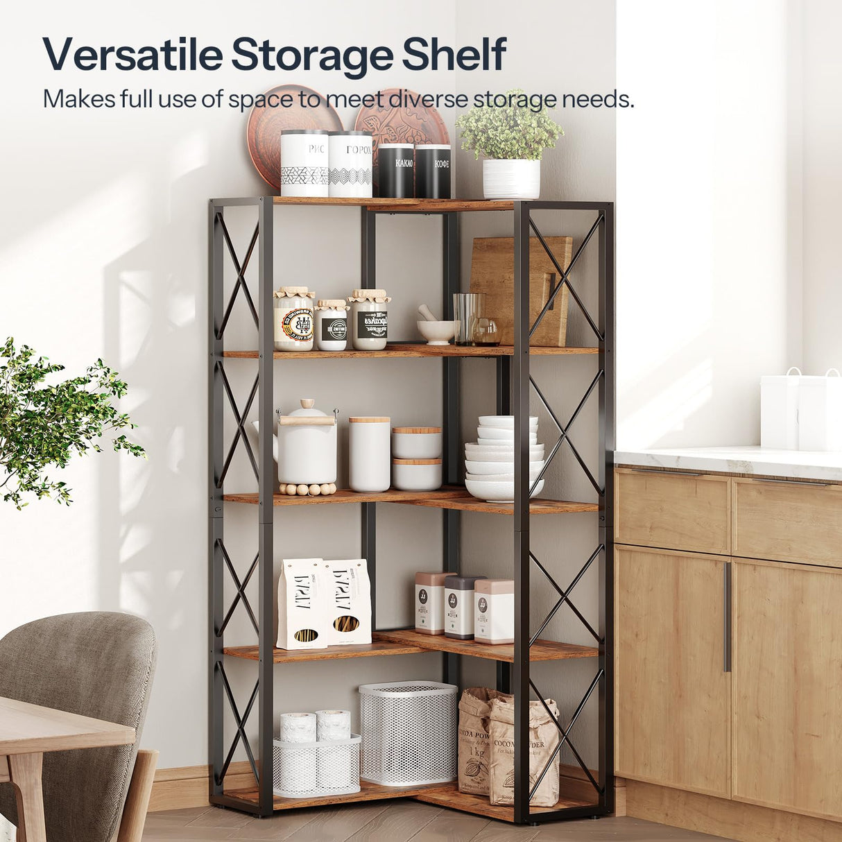 HOOBRO Corner Bookshelf, 5-Tier Industrial Corner Bookcase, Open Display Storage Rack, Vertical or L-Shaped, for Office, Living Room, Bedroom, Rustic Brown and Black BF66SJ01 HOOBRO