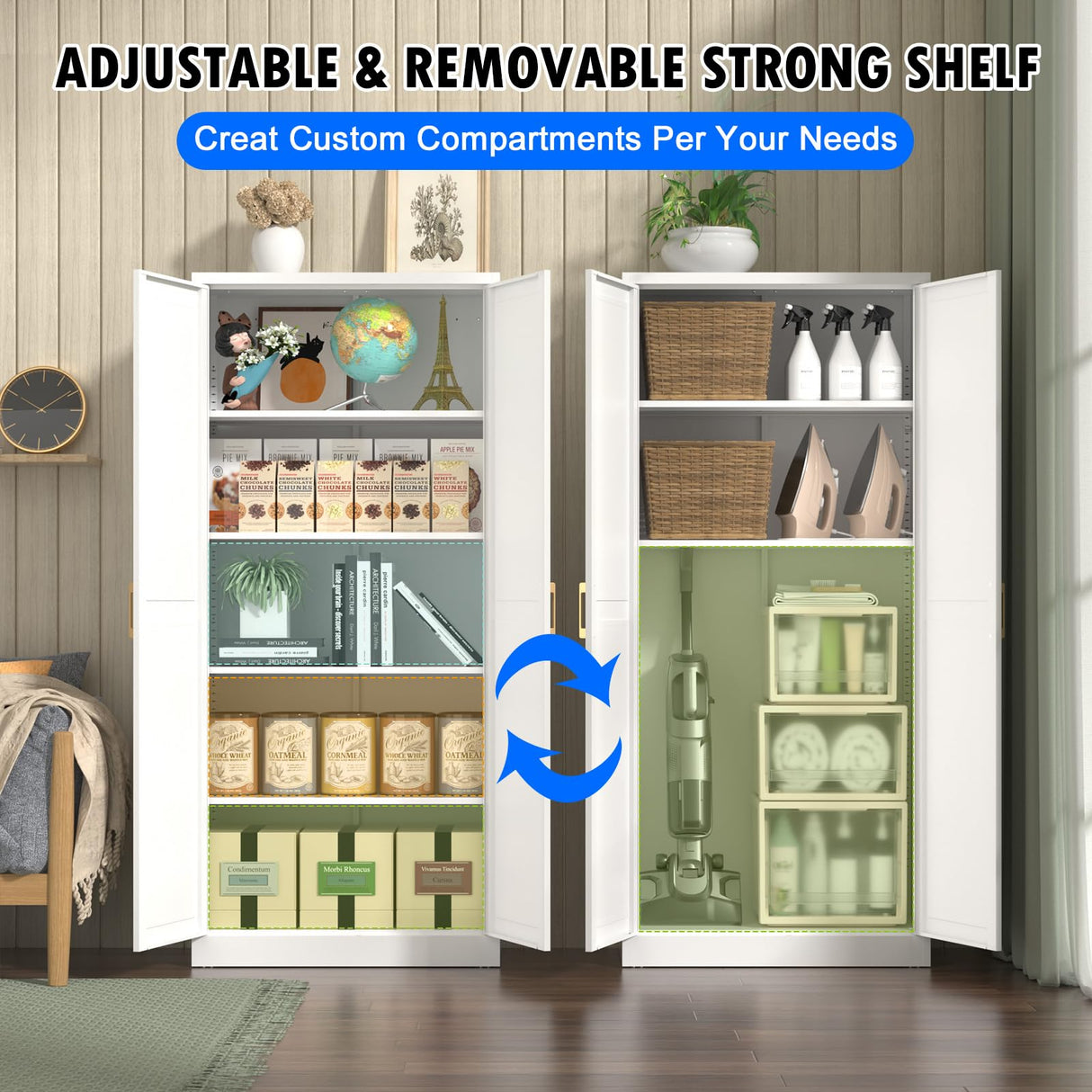 Polup White Kitchen Pantry Cabinet, Pantry Storage Cabinet with Doors and Adjustable Shelves, Metal Food Pantry Cabinets with Handle, 71" Tall Freestanding Cupboard for Living Room-Assemble Required Polup