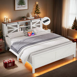 YITAHOME Farmhouse Queen Size Bed Frame with Headboard, Bookcase Storage Shelves, Sliding Grid Barn Door, Charging Station, Rustic Wood Platform Bed, No Box Spring Needed, White YITAHOME