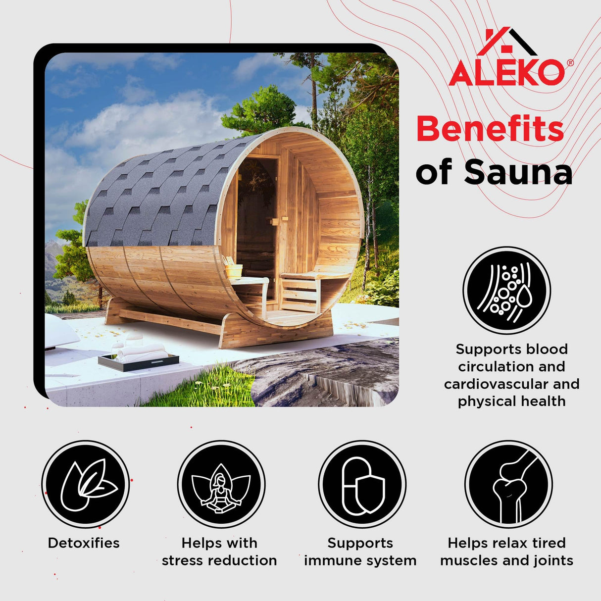 ALEKO Barrel Sauna with Front Porch Canopy | Wet Steam Dry | Rustic Cedar Wood | Indoor Outdoor | 5-6 Person | UL Certified 6 kW Harvia Sauna Heater | SB6CED ALEKO
