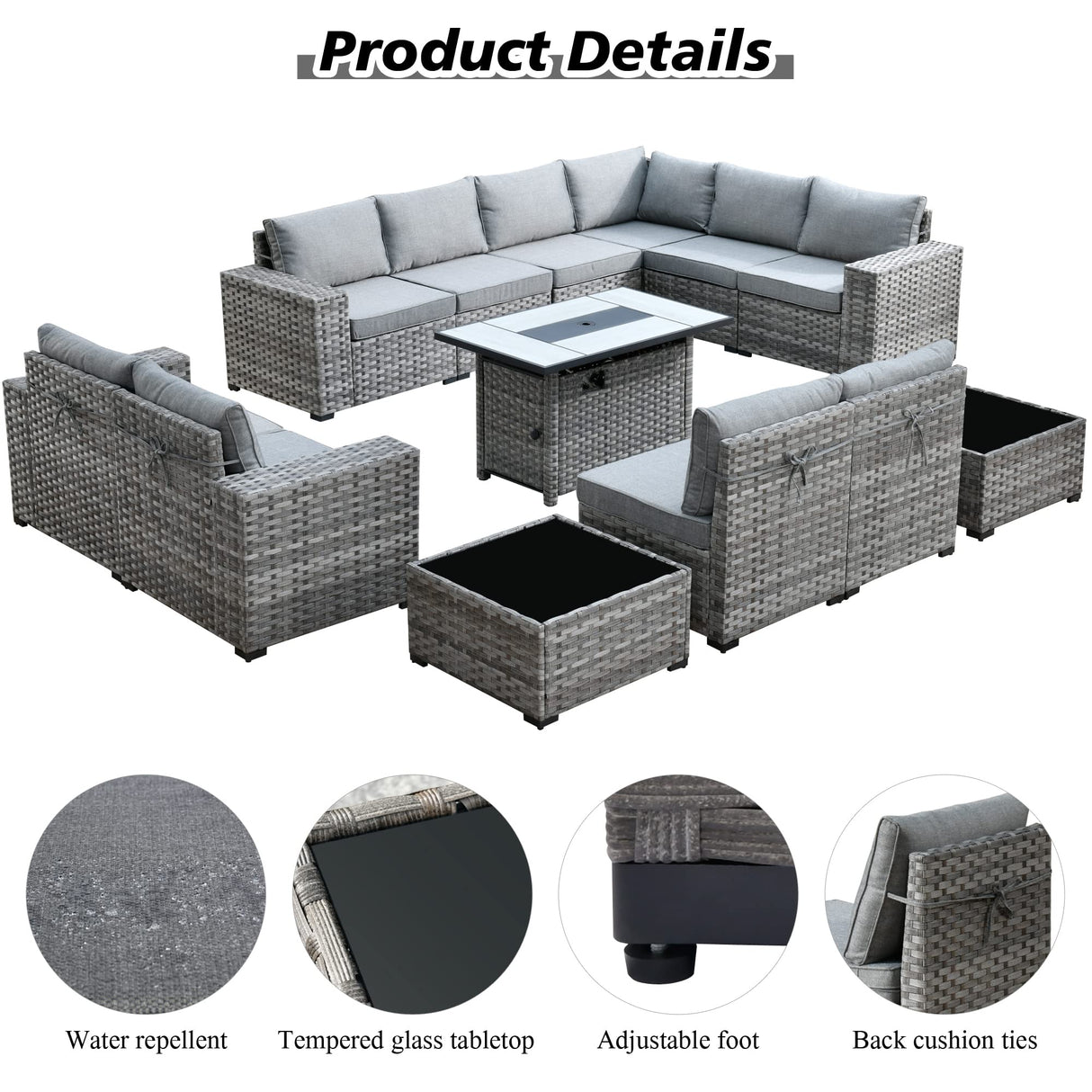 HOOOWOOO Outdoor Patio Sectional Furniture Sofa Set with Propane Fire Pit Table,13 Piece Large Modern Wicker Couch with Widened Armrest,Modular L Shaped Conversation Seating Set(Dark Grey) HOOOWOOO