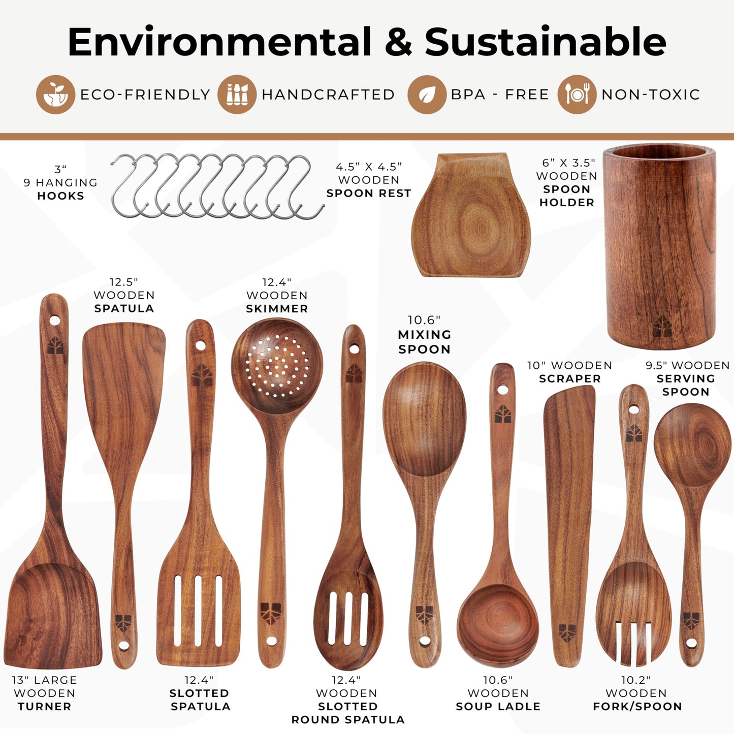 Wooden Spoons for Cooking – Wooden Cooking Utensils Set with Holder, Spoon Rest & Hooks, Teak Wood Nonstick Kitchen Cookware – Durable Set of 12pcs by Woodenhouse