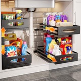 mixeshop Under Sink Organizer, Pull Out Cabinet Organizers, Slide Sink Steel Shelf Cabinet Storage Shelves, Under Sink Storage for Kitchen Bathroom Cabinet (Black, 2 Pack) mixeshop