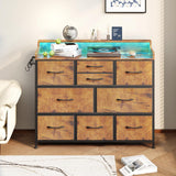 Leadpro Dresser with Charging Station and LED Lights, Dresser for Bedroom TV Stand Dresser with 9 Drawers, Fabric Drawers Storage Dresser Organizer for Living Room, Hallway, Closet (Rustic Brown) Leadpro