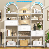 Nosepen 83.5" Tall Arched Bookshelf with 3 Drawers and 13 Storage Shelves, Industrial Open Book Shelf with Display Shelves, Large Etagere Bookshelf, Triple Wide Book Case for Home & Office, White Nosepen