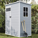 DWVO Outdoor Storage Shed, All-Weather Resin Plastic Storage Shed with Windows, Slanted Roof, Raised Floor, Capacity for Garden Tools & Equipment, Ideal for Backyard & Garden DWVO