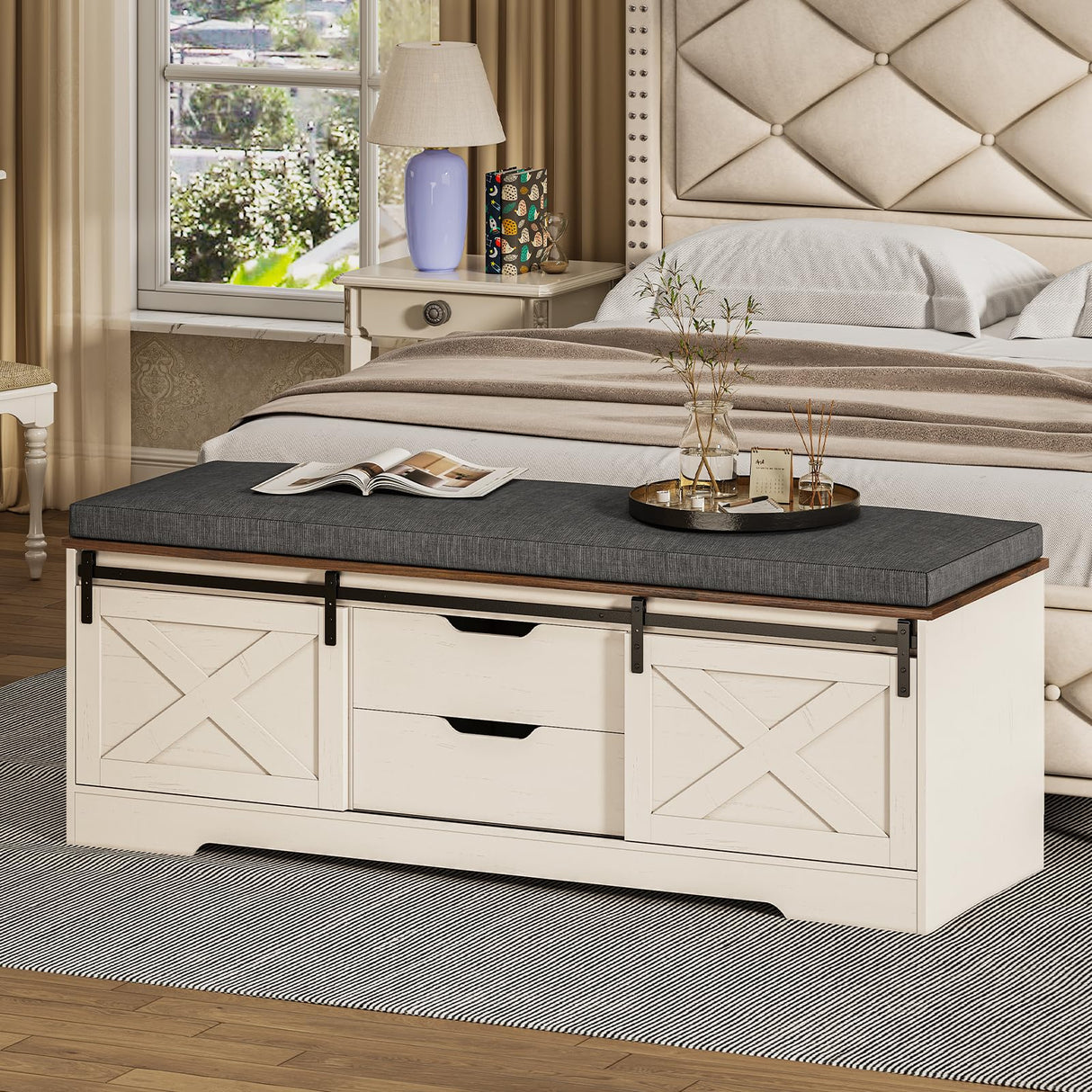 UPOSOJA Farmhouse Storage Bench with Cushion, Shoe Rack with Slide Barn Doors, Adjustable Shelf and 2 Drawer for Entry, Bedroom, Closet, Living Room, Hallway (White Brown, 59.8 in) UPOSOJA