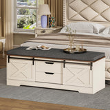 UPOSOJA Farmhouse Storage Bench with Cushion, Shoe Rack with Slide Barn Doors, Adjustable Shelf and 2 Drawer for Entry, Bedroom, Closet, Living Room, Hallway (White Brown, 59.8 in) UPOSOJA