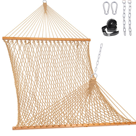 Lazy Daze Hammocks Double Rope Hammock, 2 Person Traditional Outdoor Hand Woven Cotton Rope Hammock with Spreader Bar, Chains, Tree Straps for Patio Yard - Max 450 Lbs, Tan Lazy Daze Hammocks