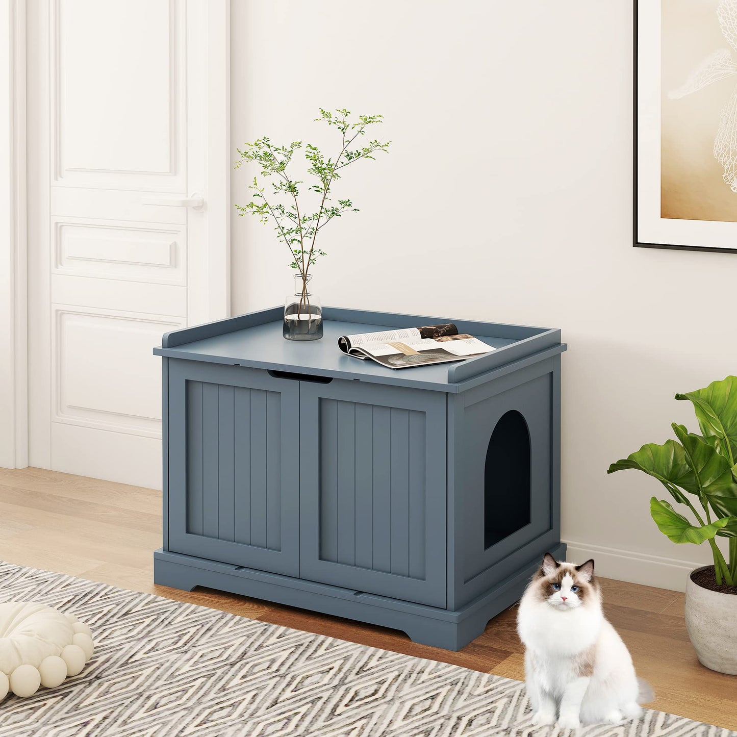 HOME BI Cat Litter Box Enclosure, Cat Litter Box Furniture Hidden, Cat Washroom Storage Bench, Pet Crate Furniture, Modern Wooden Cat Litter Cabinet, Cat Home, Kitty Hideaway, Gray - WoodArtSupply