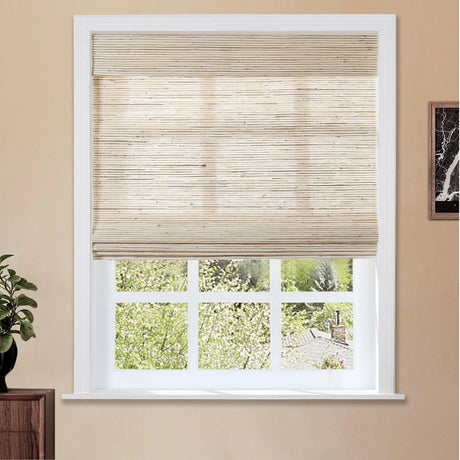 TWOPAGES Cordless Roman Shade, Light Filtering Woven Bamboo Blinds for Windows, Custom Natural Ramie Roman Shade for Interior Windows, Beige Brown, 1 Shade TWOPAGES