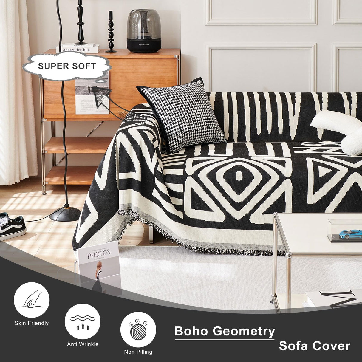 STACYPIK Thick Christmas Boho Couch Cover Chenille Cat Dog Anti-Scratch Sofa Cover Black White Plaid Sectional Couch Cover Washable Couch Protector for 2 Cushion Couch Futon Loveseat Cover-71x118IN STACYPIK