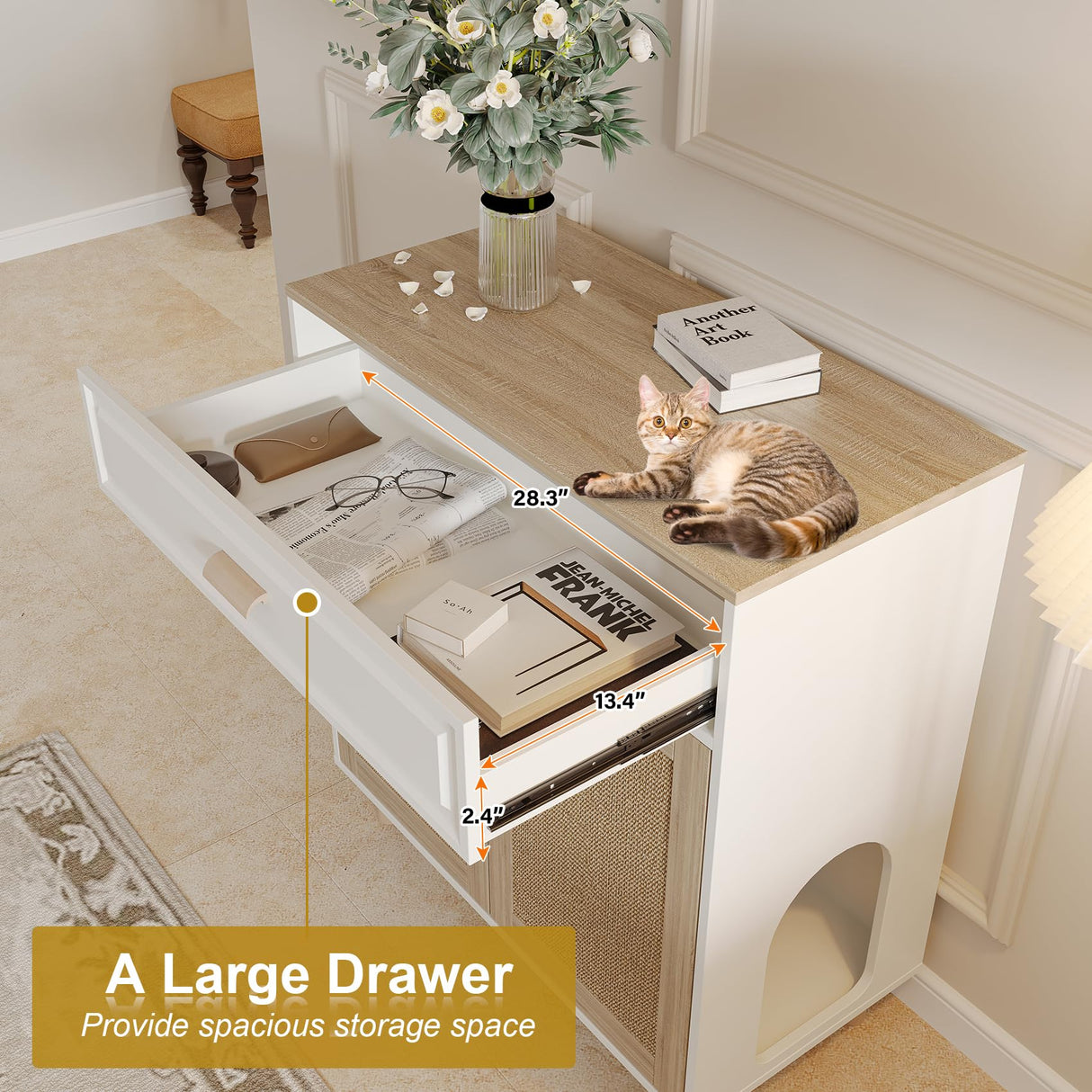 Cat Litter Box Enclosure Furniture Hidden Indoor 2-in-1 Wooden Cat House & Washroom Cabinet with Scratching Board Doors and Drawer, 31.5"x15.7"x34.6"H Faceket