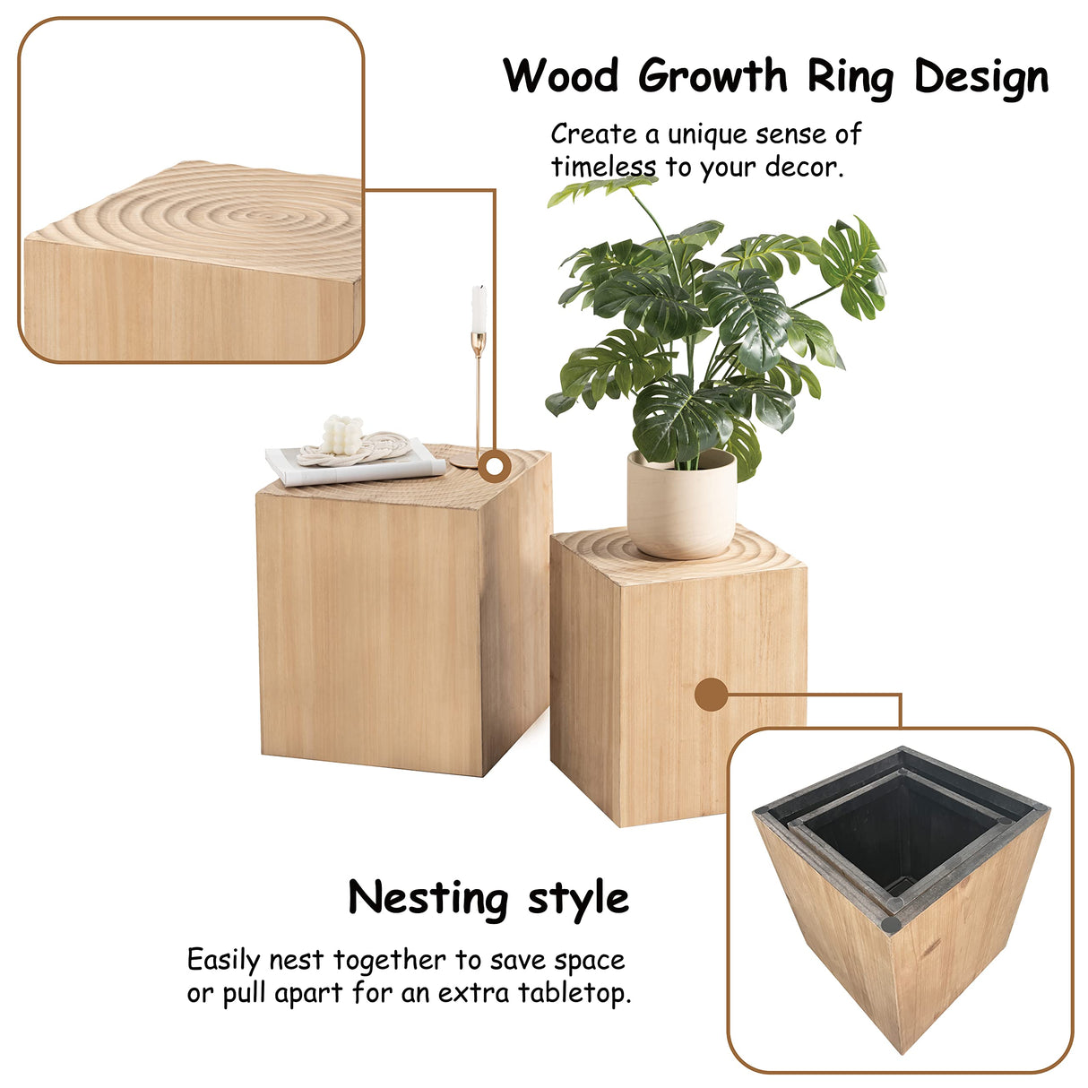 COZAYH Tree Stump End Table Set of 2, Multiple Styling Layout with Wood Tree Ring Pattern, Natural Wood Color COZAYH