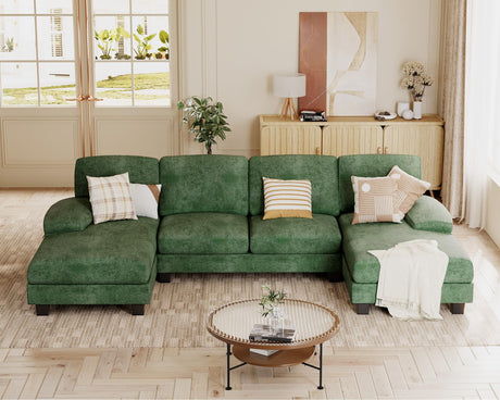 JUMMICO Sectional Couches for Living Room, U Shaped Couch with Chenille Fabric, 4 Seat Modern Sofa with Removable Pillows for Apartment and Small Space (Fabric, Green) JUMMICO