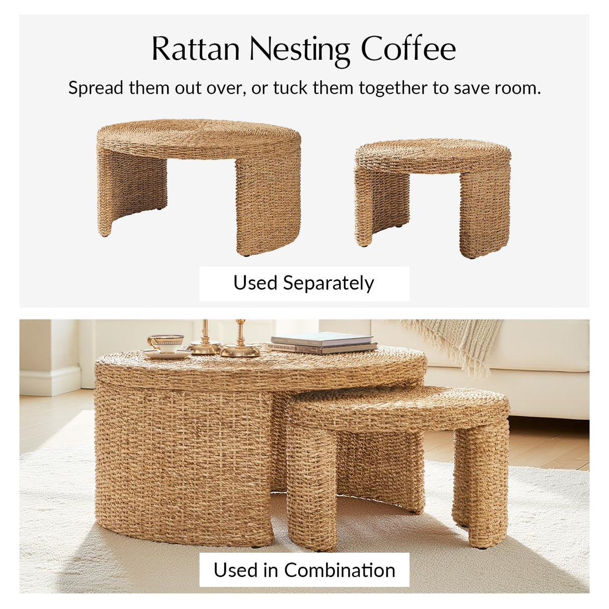HULALA HOME Coastal Nesting Rattan Coffee Table, Large 39.75" and Small 24.5" Tables, Natural Water Hyacinth Bamboo Frame HULALA HOME