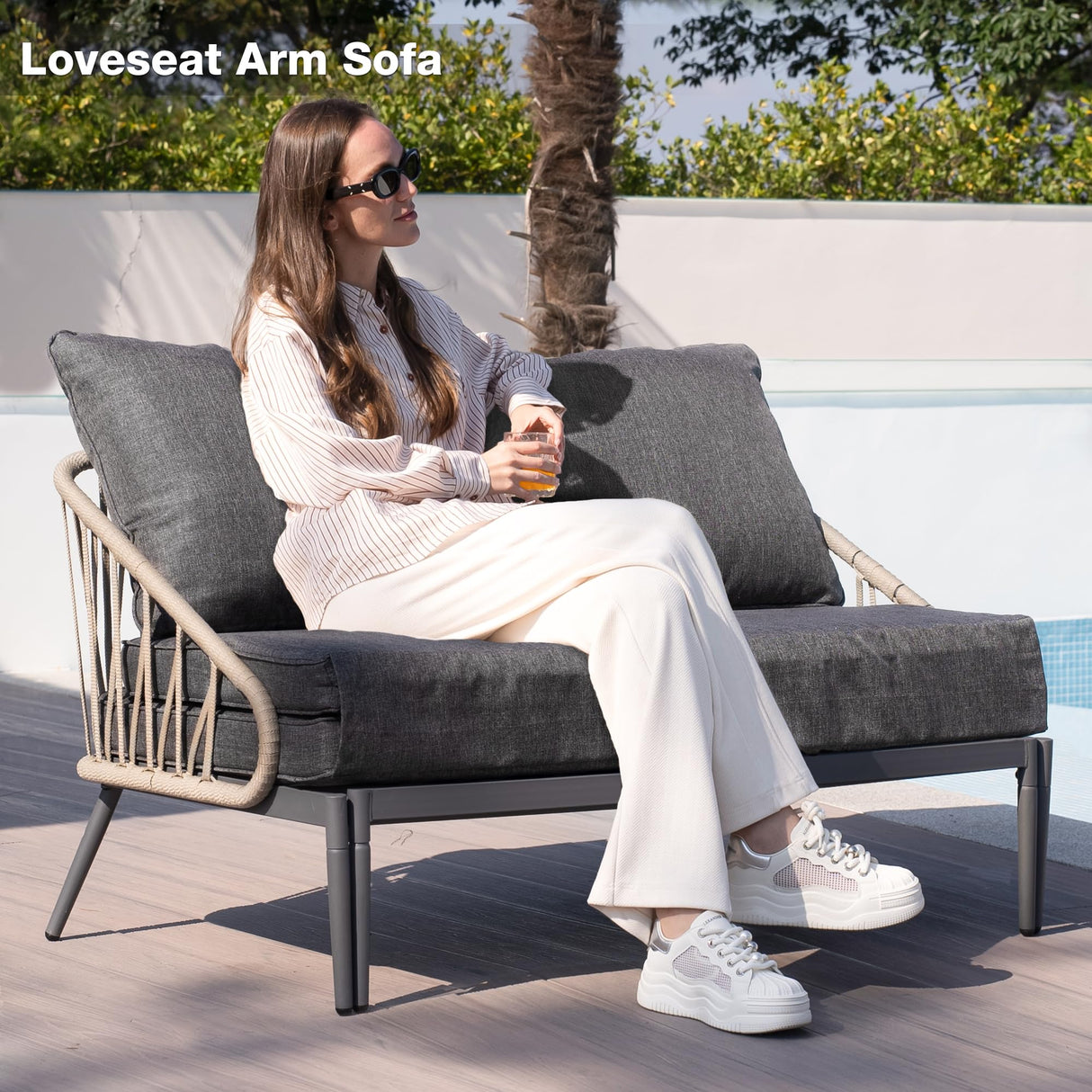 COMLAX FIELD Patio Adjustable Daybed, 2-Person Outdoor Daybed with Cushions and Pillows, Woven Rope Patio Loveseat Garden Adjustable Reclining Chaise Lounge for Lawn, Poolside, Grey COMLAX FIELD