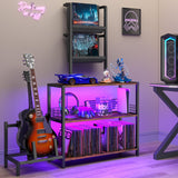 kepptory Display Shelf Bookshelf with RGB Lighting, Wooden Curio Cabinet Floor Lamp with Shelves, Vinyl Holder and Adjustable Stand, Record Player Stand Bookcase for Living Room Bedroom Décor (Brown) kepptory